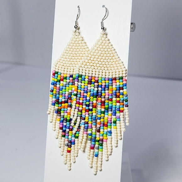 Handmade Seed Bead Fringe Earrings "Pixelated Rainbow in Ivory" - Picture 6 of 6